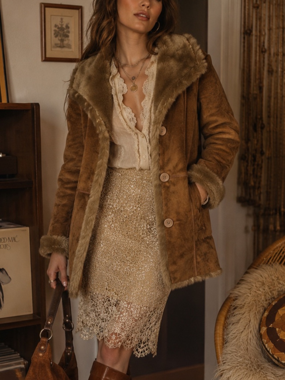 FUDA Womens Y2K Suede Faux Fur Plush Coat Jacket‎ Size M Braid Retro Phoebe